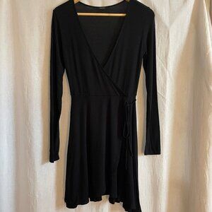 Black Faux Wrap Long-Sleeved Dress